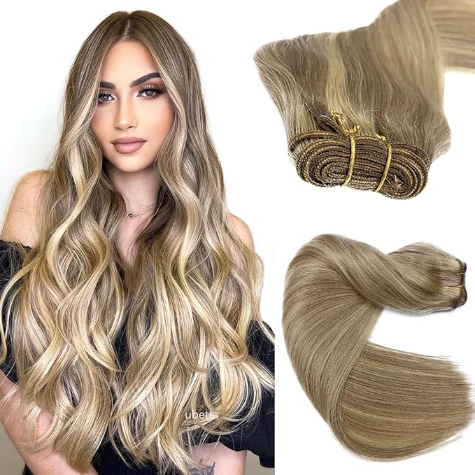 Ubetta Sew in Hair Extensions Real Human Hair, Ash Brown and Light Blonde Bundles Weft 120G 24 Inch Hand Tied