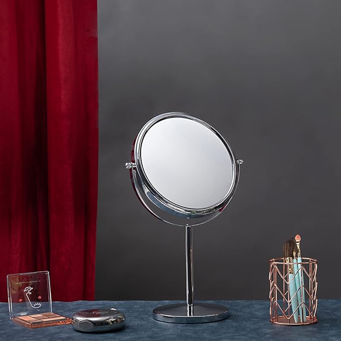 15" Tall Classic Round Desktop Makeup Mirror with Magnification, 8" Large Double-Sided 360° Swivel Free Standing Vanity Mirror, 1X/10X Magnifying Mirror with Stand for Bathroom & Bedroom, No Light