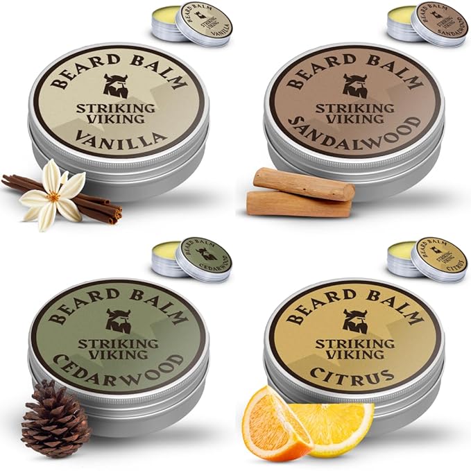 Striking Viking Beard Balm for Men – Light Hold, 1 Oz, Pack of 4 with Citrus, Vanilla, Sandalwood, Cedar Scents - Leave-in Beard Conditioner with Shea Butter, Tea Tree, Argan & Jojoba Oils