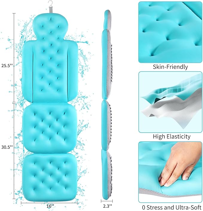 Full Body Bath Pillow for Bathtub, Thick Bathtub Cushion with Laundry Bag, Luxury Tub Pillow for Bath for Headrest Neck and Back Support Ocean Blue 56" x 16"