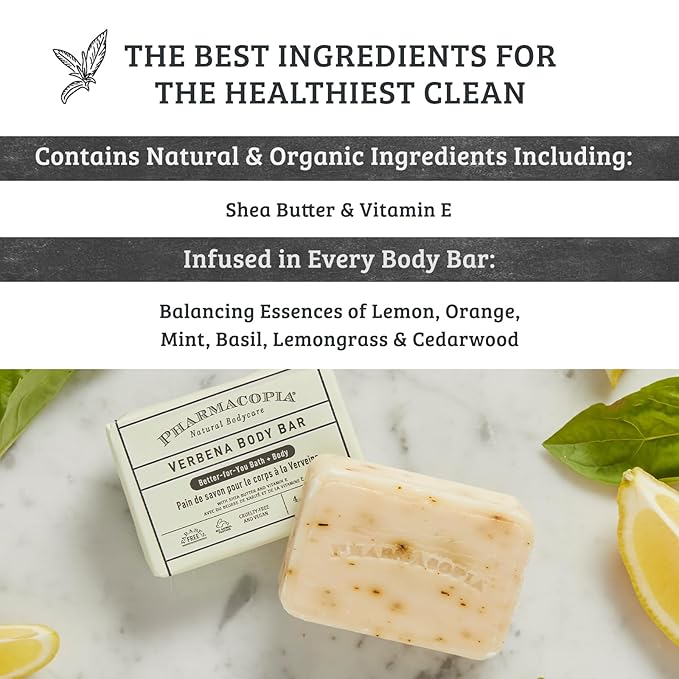 Pharmacopia Verbena Body Bar - Aromatherapy, Cruelty-Free & Vegan, Natural & Organic Soap with Moisturizing Shea Butter - Verbena Bar Soap with Orange, and Lemon Essential Oils, 4.4 oz, Pack of 3