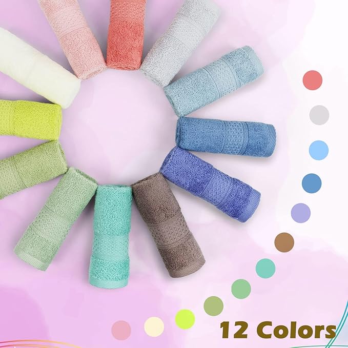 Cleanbear 100% Cotton Wash Cloths 12 Pack Bath Washcloths Facecloths, 13 by 13 Inches Large Bathroom Washcloth Set 12 Assorted Colors (Multi, 12)