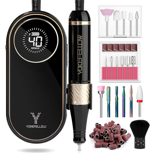 YOKE FELLOW Electric Nail File - Nail Drill Machine for Acrylic Nail Kit with Nail Dust Brush for Dip Powder Manicure Pedicure 40000RPM Rechargeable Nail Drill Gift Set for Women
