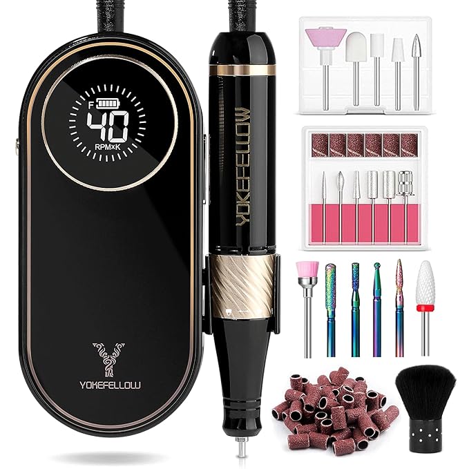 YOKE FELLOW Electric Nail File - Nail Drill Machine for Acrylic Nail Kit with Nail Dust Brush for Dip Powder Manicure Pedicure 40000RPM Rechargeable Nail Drill Gift Set for Women