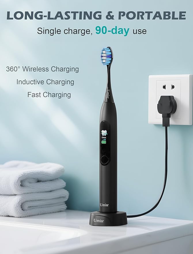 Electric Toothbrush for Adults - 90 Day Battery Life, Rechargeable Sonic Toothbrushes with Pressure Sensor, Smart Screen Travel Electric Toothbrush with Case, 5 Cleaning Modes & 3 Intensities Settings