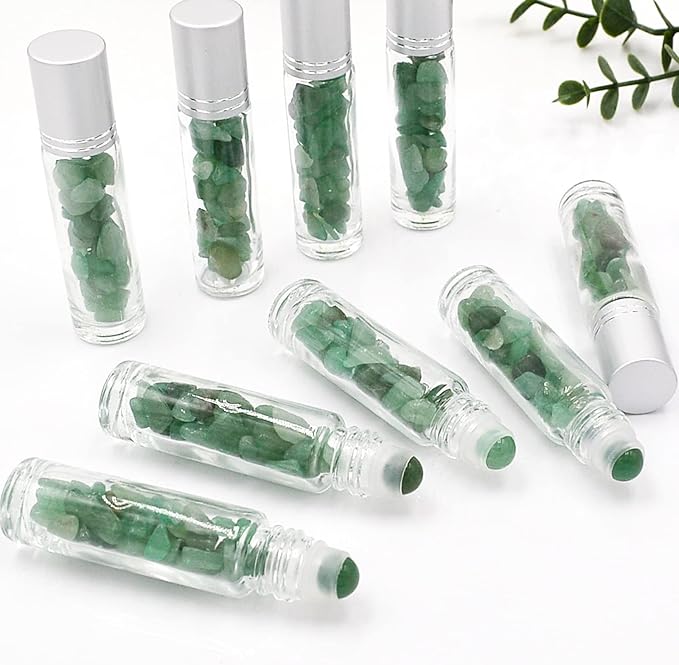 Essential Oil Roller Bottle 10ml w EVA Carrying Travel Case（Clear Glass Bottle with silver Cap、10pack、Gemstone Roller Balls、Crystal Chips Inside、Opener Gemstone Roller Ball Bottles