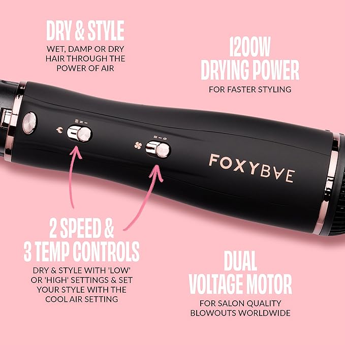Foxybae Super Styler – 4-in-1 Blow-Dryer Brush Set - Diffuser, Blowout-Brush, 1.25” Curling Barrel & Drying Cylinder - Voluminous, Frizz-Free Hair - Dryer, Straightener & Curler (Black Rose-Gold)