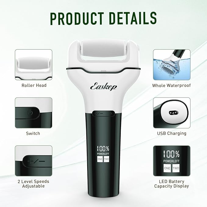 Electric Foot Callus Remover Easkep Rechargeable Portable Electronic Foot File Pedicure Tools, Waterproof 16 in 1 Callus Remover Kit, Professional Pedicure Kit for Dead Hard Cracked Dry Skin (Green)