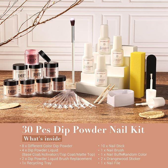 AZUREBEAUTY Dip Nails Powder Starter Kit 8 Colors with Nail Sticks, Nude Brown Giltter Shimmer Set, Nail Art Base Glossy Matte Top Coat Activator Essential Liquid Manicure DIY Salon 30 PCS