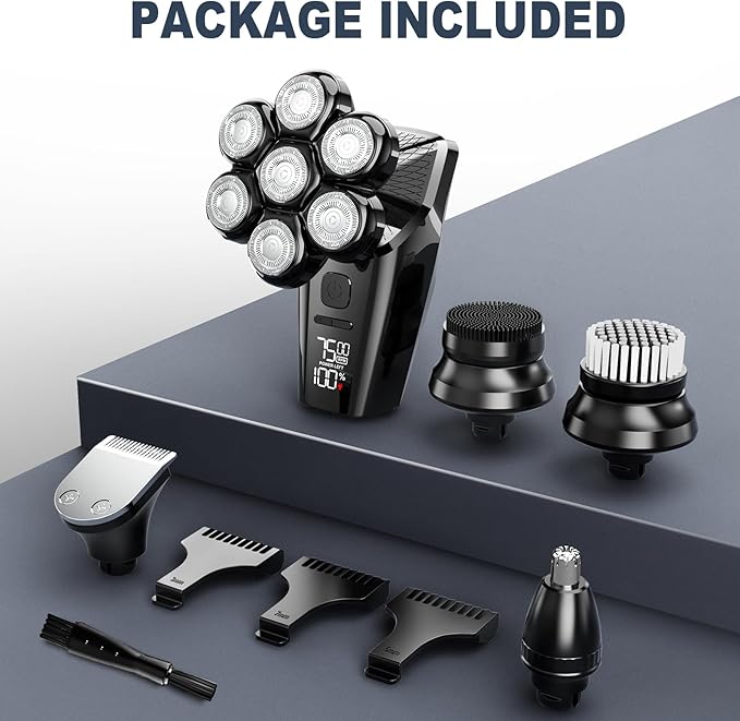 Hexus Head Shavers for Bald Men, Detachable Head Shaver Dry/Wet Bald Head Shaving for Men, IPX7 Waterproof Electric Razor Grooming Kit with LED Display and Type-C Charge, Light Black