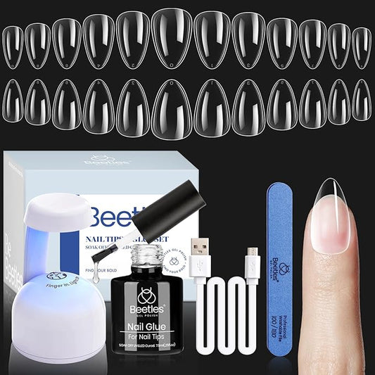 Beetles Gel Nail Kit, Short Almond Nail Tips Easy Extension Set 240 Pcs Pre Shaped Clear Full Cover Fake Nails Tips with 5 In 1 Nail Glue Uv Led Lamp DIY Manicure Gifts for Women