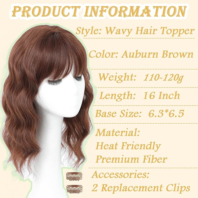 16 Inch Hair Toppers for Women with Thinning Hair, 360° 3D Realistic Toppers for Women Wispy Bangs Clip Synthetic Curly Wavy (M33)