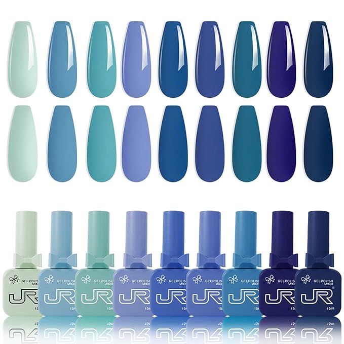 JR 9 PCS 0.5oz Nail Gel Polish Set Same Color Same bottle Ocean Blue Gel Nail Kit UV LED Soak Off Polish Home DIY Gift I Blue Series