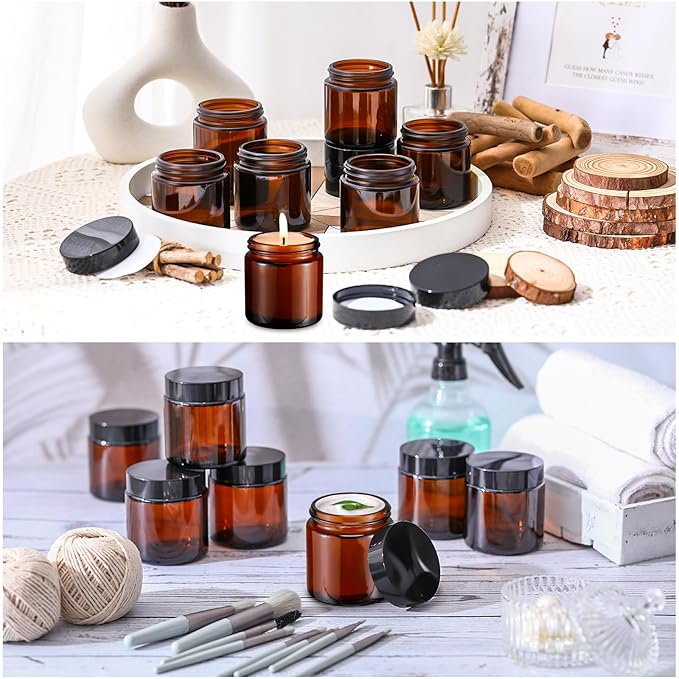 Norme 48 Pcs 4 oz Glass Jars with Lids Leakproof Round Airtight Empty Cosmetic Jars with Inner Liners Lid for Storing Lotions Powder Ointments Candle Making (Black,Amber)