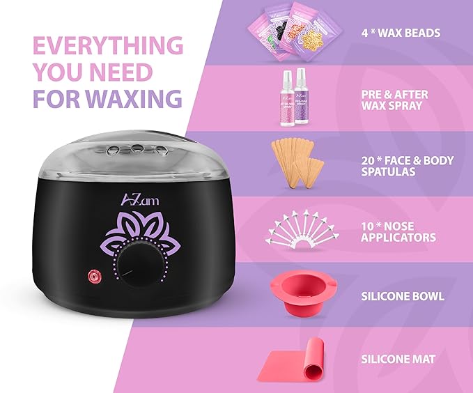 AZAM All-in-one At Home Waxing Kit for Hair removal,Wax pot Waxing Professiona+4 Pack Hard Beads+Silicone Bowl 2 Treatment Oils Wax Kit Accessories Warmer for Full Body