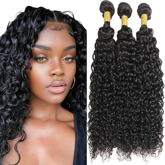 Water Weave Bundles Human Hair Color 1B Human Hair Bundles Water Curly Weave Brazilian Soft and Silky for Black Women 10 12 14 Inch