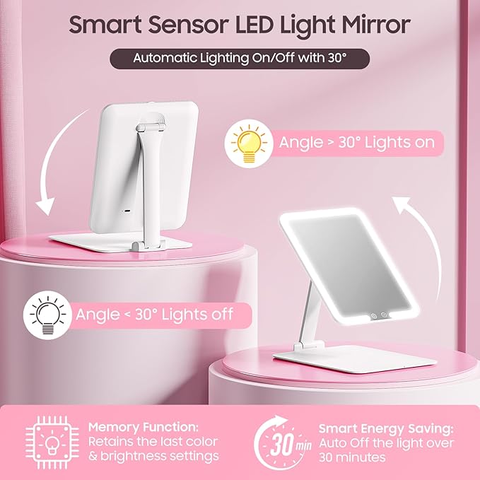 Benbilry Foldable Travel Makeup Mirror with Lights and 20X Magnification, Rechargeable Tabletop LED Vanity Mirror with Adjustable Stand, 3-Colored Dimmable Lighting, Portable Cosmetic Mirror, White