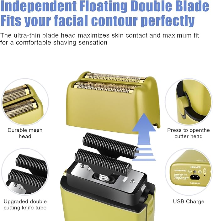 Foil Shaver for Men Barber, Double Electric Foil Trimmer, Professional Electric Razor, Close Shaver, Cordless Rechargeable with USB, Yellow