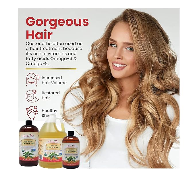 Verdana Organic Castor Oil – 1 Gallon Bulk Size – Cold Pressed, Unrefined, Hexane-Free – USDA Organic – Natural Moisturizer for Hair Growth, Eyelashes, Skin, Scalp & Castor Oil Packs