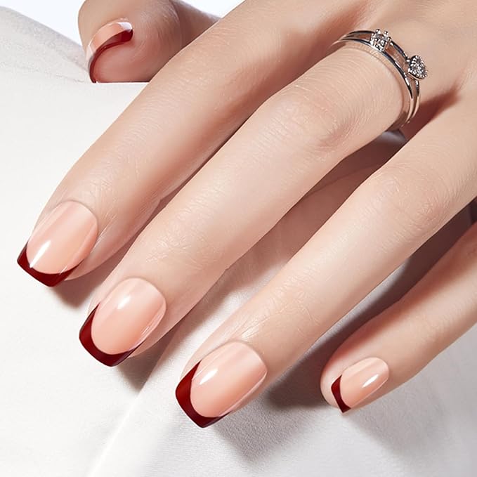 Modelones Press on Nails, Red Chrome French Short Square Fake Nails, Spring Easter Reusable Nail Kit with Nail Glue Adhesive Tabs Mini Nail File, Nails Press Ons 32Pcs16 Sizes, Women Girl Gift