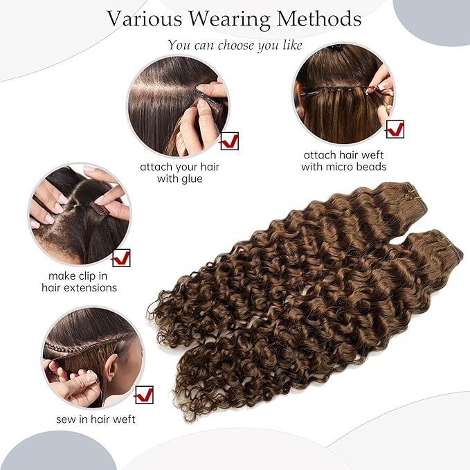 Ubetta Human Hair Weft Extensions, 24 Inch Chocolate Brown Hair Extensions Real Human Hair Sew in Weft Weave Hair Extensions 120G Double Weft Full Head Curly Human Hair Weaves Hair Wefts Bundles