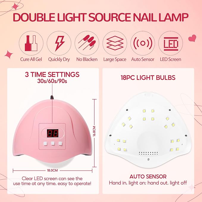 39PCS Gel Nail Polish Kit with U V Light 20 Colors Gel Nail Kit Glitter Nude Pink Red Blue 36W Nail Lamp Base Top Coat Nail Art Rhinestones Manicure Tools Starter Kit