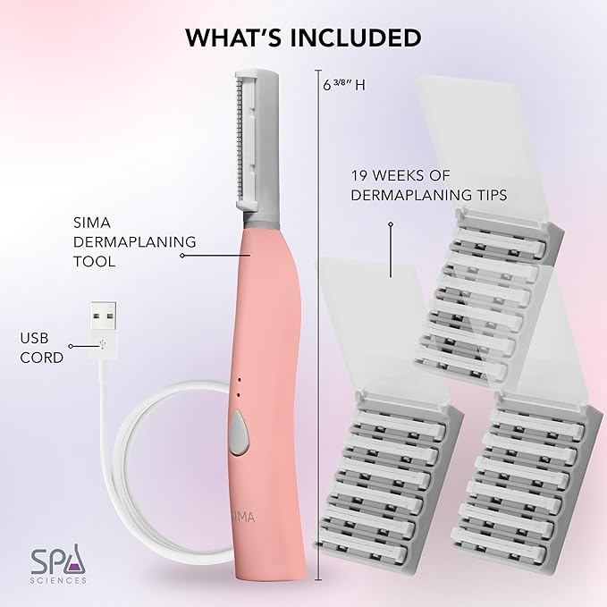 SPA SCIENCES - SIMA Patented Dermaplane Razor for Women Face – Painless 2-in-1 Facial Exfoliation & Peach Fuzz Hair Removal – Anti-Aging – 3 Speeds – Rechargeable – 21 Weeks Treatment