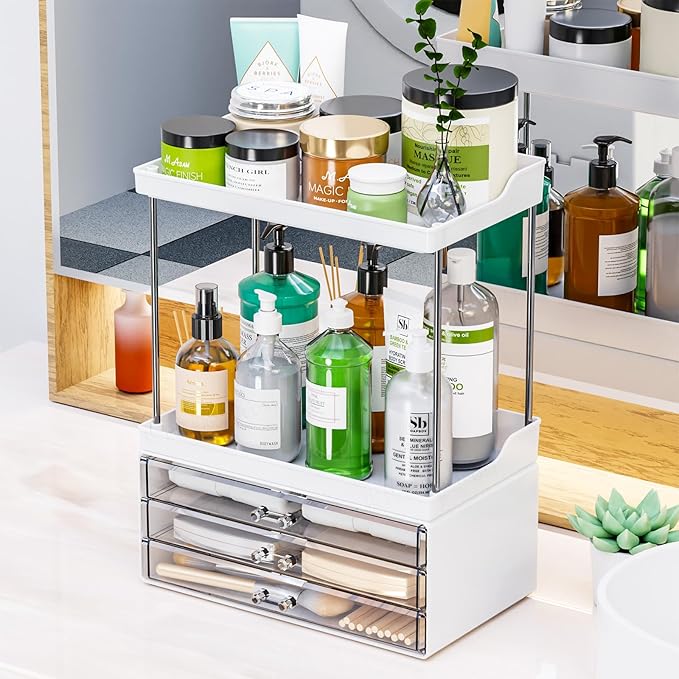 2 Tier 3-Drawer Bathroom Counter Storage Organizer - Stackable Design - 14.4" Tall Large Beauty Product Organizer Suitable as Makeup,Beauty,Face Product,Lotion,Skincare Organizer,White