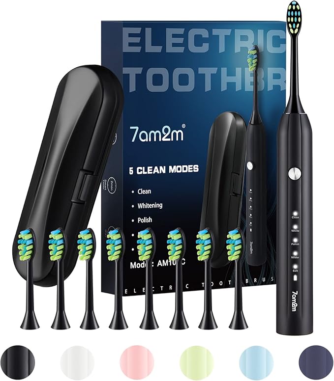 7AM2M Sonic Electric Toothbrush for Adults and Kids, with 8 Brush Heads and Travel Case,5 Modes with 2 Minutes Build in Smart Timer, One Charge Use for 90 Days,Rechargeable Toothbrushes (Black)