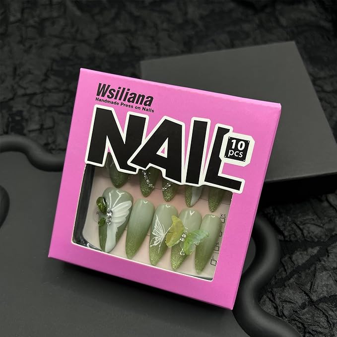 Wsliana Handmade Press On Nails - Long Almond Shape with Green Cat Eye Tip, 3D Butterfly and Diamond Heart Design, 10pcs Glue On Acrylic Fake Nails with Storage Box | Elegant Nail Kit (052 S)