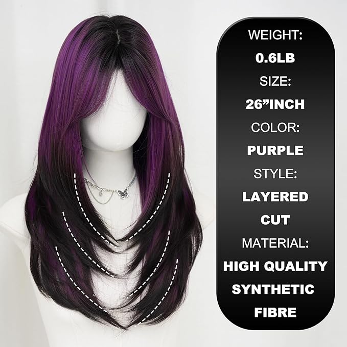 7JHH WIGS Long Dark Purple Ombre Wig with Bangs for Women Heat Resistant Fiber 25 Inch Layered Synthetic Hair Wigs with Dark Roots for Daily Use