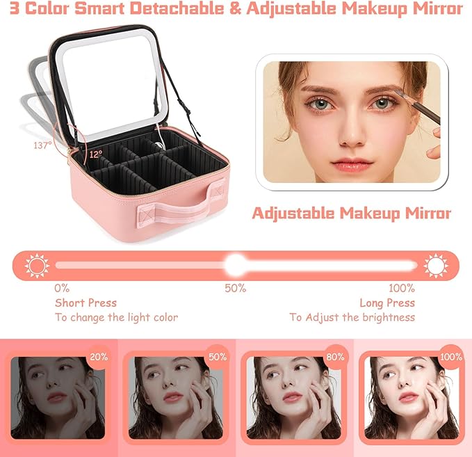 Makeup Bag With Mirror is with Waterproof Design, Best Gift is Makeup Case With Lighted Mirror.Make Up Bag With Mirror And Light 3 Color Scene (pink)