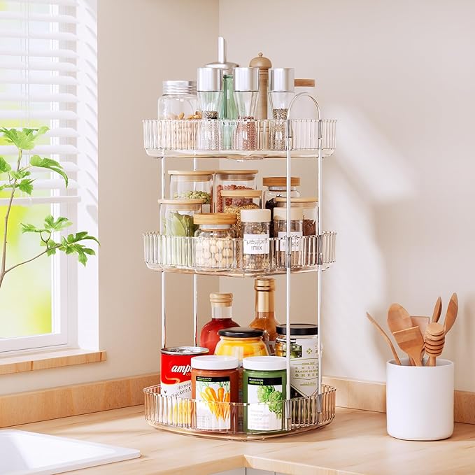 Delamu Rotating Bathroom Countertop Organizer, Large Capacity 3-Tier Multi-Function Storage for Cosmetics, Skincare, and Perfume, Makeup Organizer Countertop Ideal for Dresser, Bathroom,Vanity, Clear