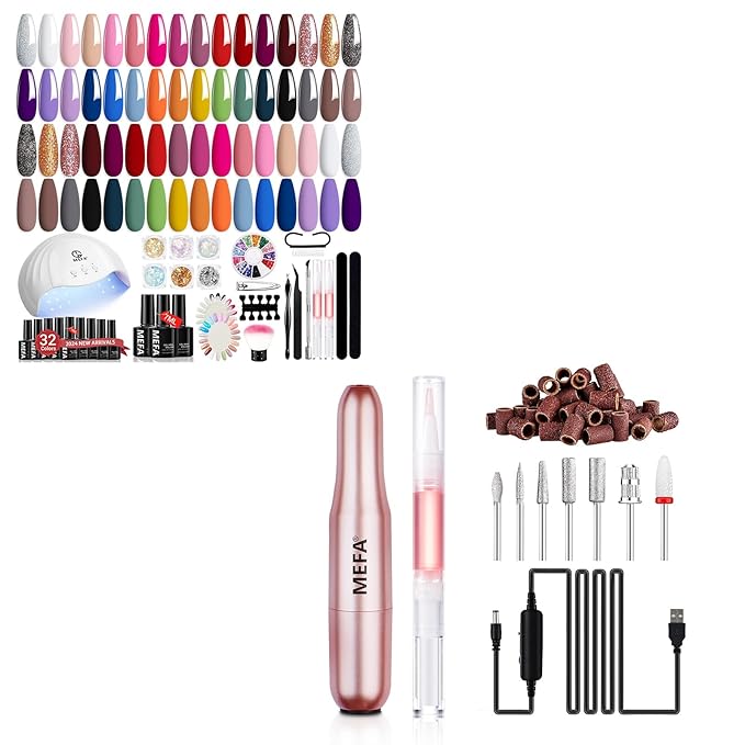 MEFA Gel Nail Polish Kit with UV Light, Electric Nail Drill with 6PCS Drill Bits and Cuticle Oil Pen, 32 Colors All Seasons Soak Off Gel Polish Set with Matte/Glossy Base Top Coat