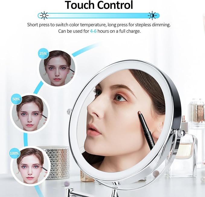 8" Wall Mounted Lighted Makeup Mirror, 1X/10X LED Lighted Magnifying Mirror with 3 Colors, 360° Rotation Double Sided Extension Foldable Arm Rechargeable Makeup Mirror, Touch Dimming