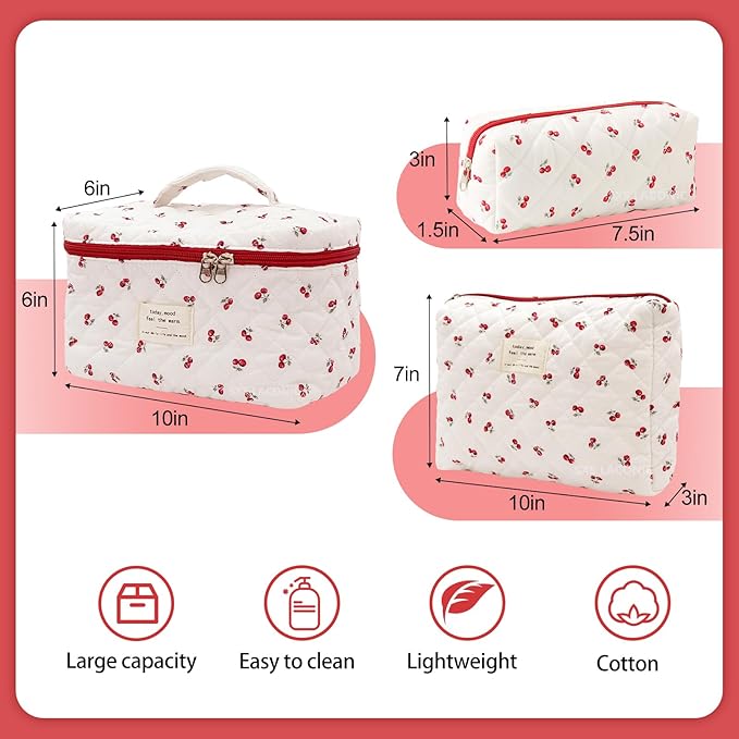 Quilted Makeup Bag,Large Cosmetics Bag Set,Cotton Coquette Floral Make up Pouch,Travel Toiletry Bag for Women