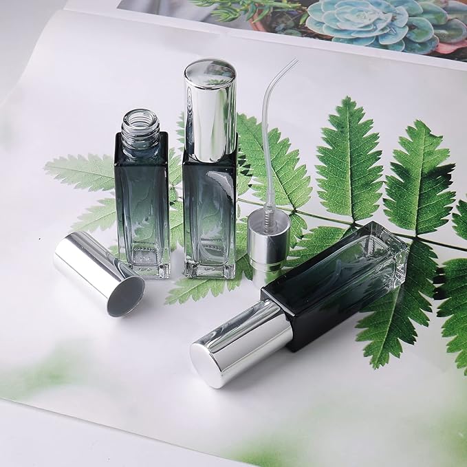 45pcs 10ml Mini Square Spray Bottle Glass Empty Spray Refillable Perfume Bottle Fine Mist Liquid Dispenser for Makeup Skin Care (Silver Cap)