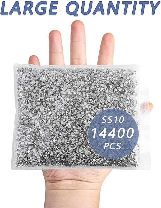 Beadsland Flatback Rhinestones Bulk,14400pcs Silver Rhinestones for Nails Crafts Clothes DIY Decoration, Silver Hematite, SS10, 2.7-2.9mm