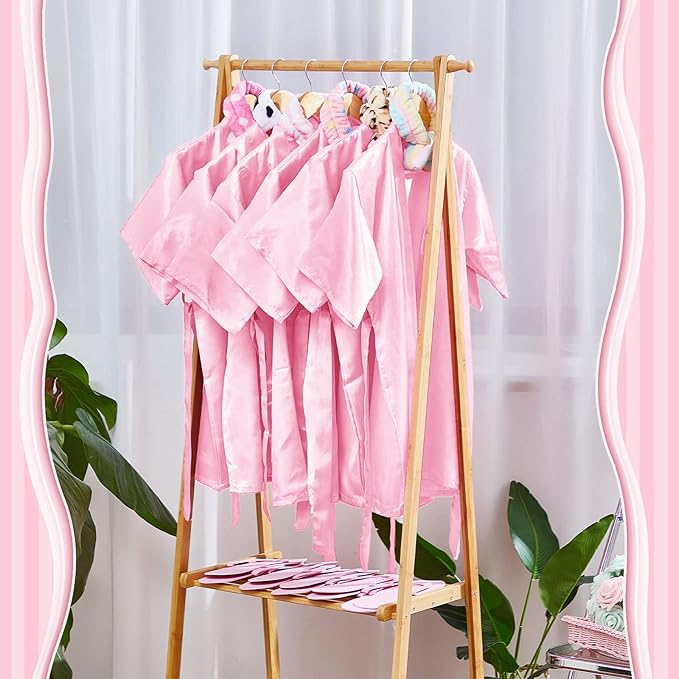 Jecery 18 Pcs Spa Party Supplies for Girls 6 Satin Kimono Robe 6 Spa Headband 6 Disposable Foam Pedicure Slippers (Pink,Size 14)