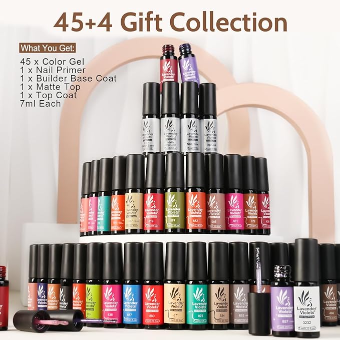 Lavender Violets 49 Pcs Gel Nail Polish Set, 45 Colors Gel Polish U V Nail Kit with Glitter Glossy Matte Base and Top Coat Set for Home Salon Manicure A906