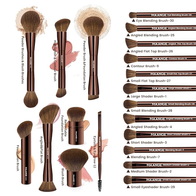 MAANGE 20 PCS Foundation Makeup Brush Set, Double-ended Kabuki Brush Contour for Liquid Powder Concealer Cream Blending Blush Makeup Tools (Brown)