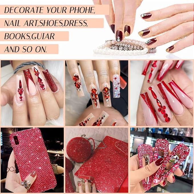 Nail Art Red Crystals Rhinestones Set - 3100pcs Red Nail Gems Diamonds Flatback Jewels for Nails Design, 12 Types of 600 Special-Shaped Diamonds + 2500 Flat-Bottomed Rhinestones Kit