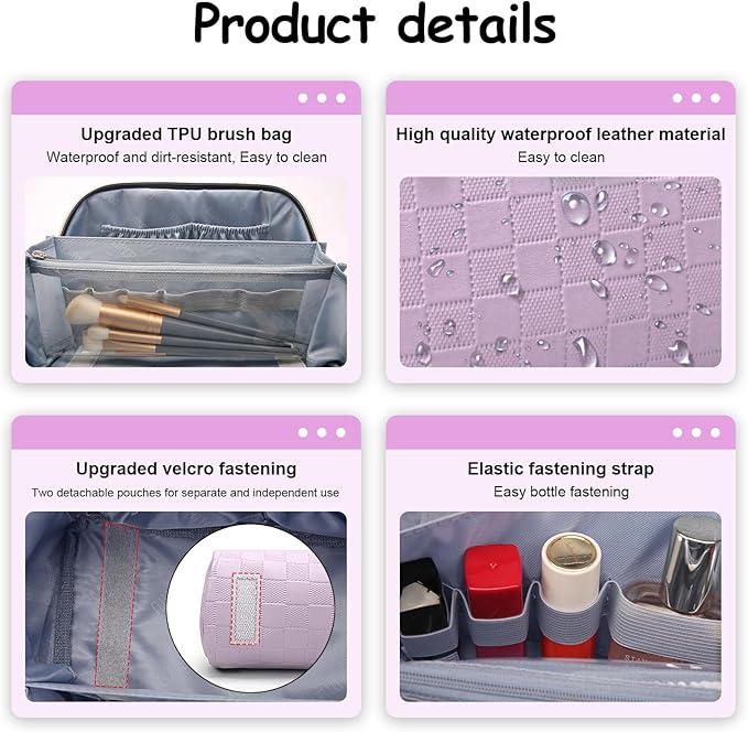 BOYATU Travel Makeup Bag Organizer Cosmetic Bag: 3 Pcs Set Make up Bags for Women with Handle - Waterproof Vegan Leather Toiletry Bags with Comparments (Purple)