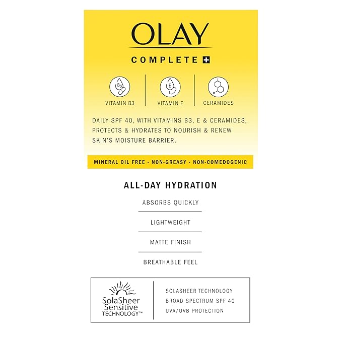 Olay Complete+ Face Moisturizer with Sunscreen SPF 40, For Sensitive Skin, Broad Spectrum Sun Protection, Fragrence-Free - No White Cast on All Tones, Nourishes Moisture Barrier - Ceramides, 6 Oz