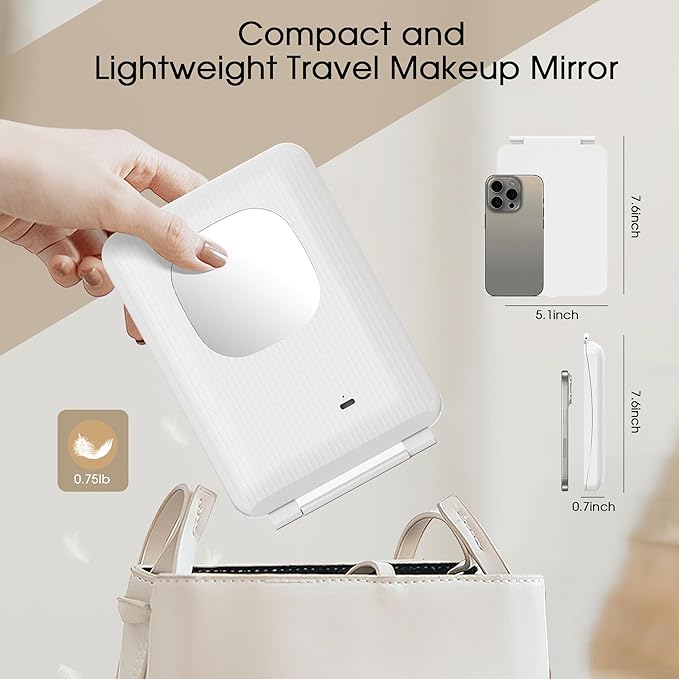 10X/1X Magnification Lighted Makeup Mirror with Lights, Rechargeable Magnifying Mirror with 80LED&2000mAh Battery, Portable Travel Vanity Mirror with 3 Colors Dimmable Lighting, Travel Essentials