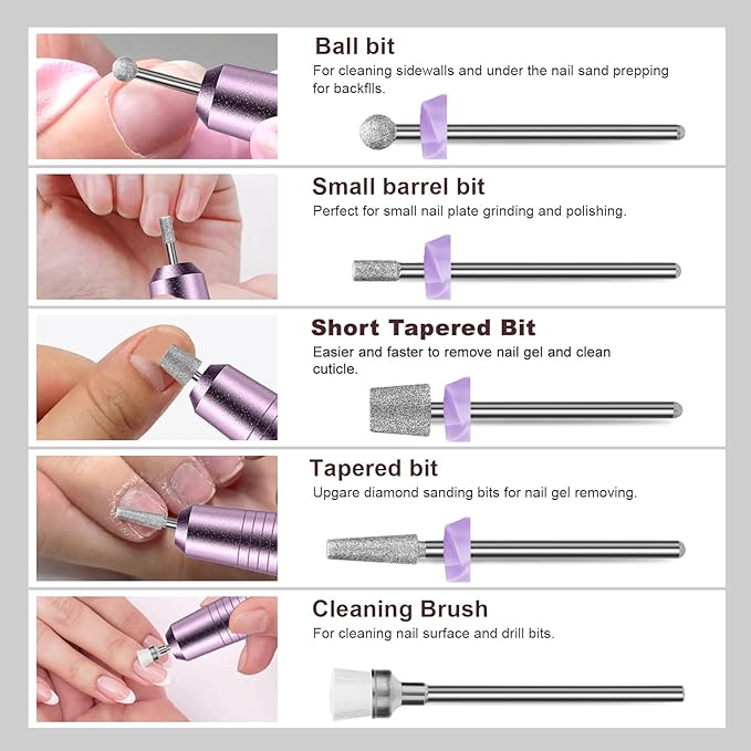 Depvko 10pcs Nail Drill Bits, 3/32 Inch Diamond Bits for Nail Drill Efile, Cuticle Cleaner Drill Set for Nails, Acrylic Remover Tool Manicure Pedicure Kit for Nail Gel Polish Nail Prep, Salon Home