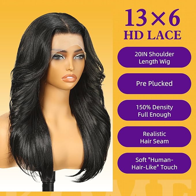 Black Synthetic Lace Front Wig,13X6 HD Long Straight Glueless Wig for Women Daily Use 20IN（1B）