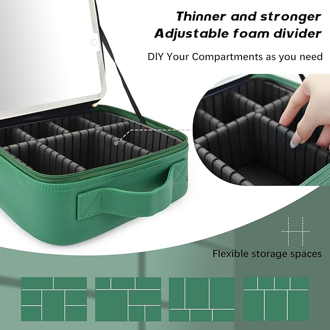 Travel Makeup Bag with LED Lighted Mirror,Cosmetics Organizer, Makeup Bag with 3 Color Lighted Setting, Portable Storage and Adjustable Dividers Travel Makeup Bag(Dark green)