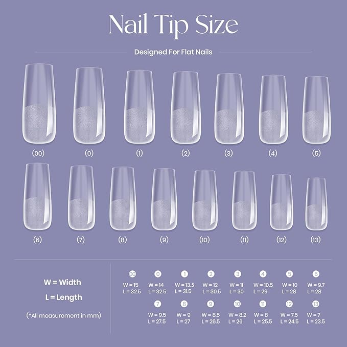 Tipex Nail Tips Kit,Pre-etched Acrylic Hard Nail Tips Set for Beginners,Long Square Full Cover Press On Nails,Deep C Curve Flat Nails,UV Nail+Glue+LED Lamp+Base Gel