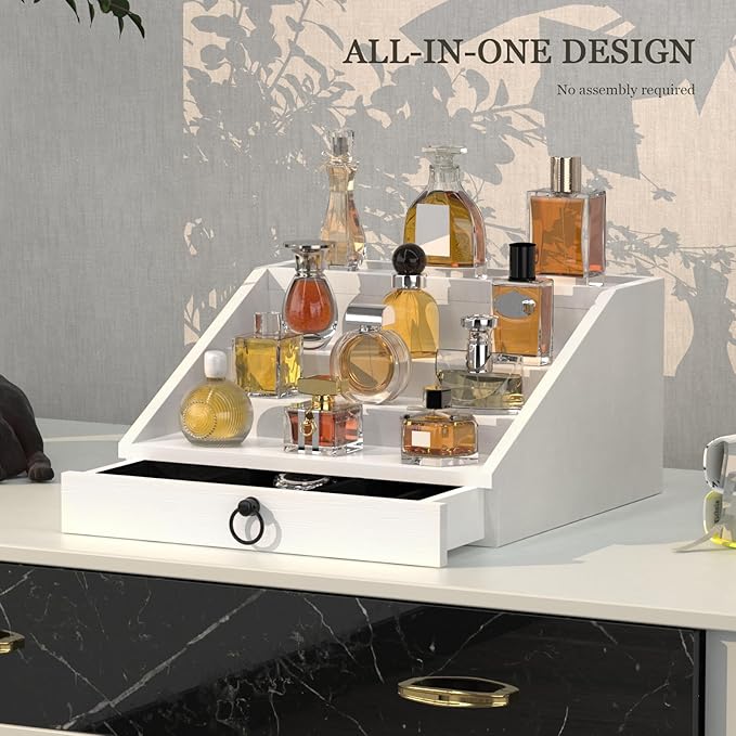 Wooden Cologne Organizer for Men Enhanced 4 Tier Cologne Stand Shelf Perfume Organizer with Velvet Lined Drawer & Hidden Storage Perfume Display Holder for Dresser Nice Gift (Elegant White)